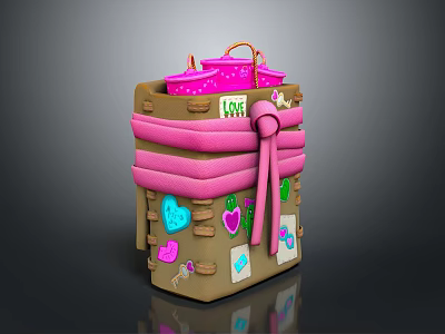 Plant Themed Decorative Brown Box With Pink Ribbons Leaf Stickers Heart Accents And LOVE Label 3d model