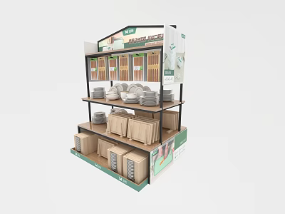 Multi Tiered Display Shelving With Wooden Plates And Storage Boxes 3d model