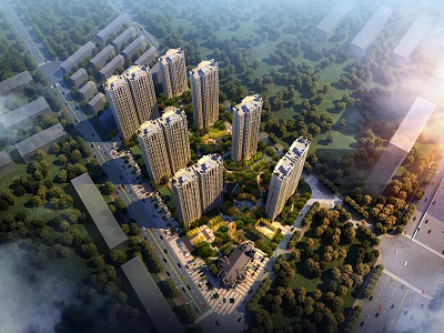 Detailed Aerial Planning of Modern High Rise Residential Complex with Green Areas and Road Network 3d model