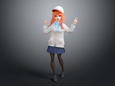 Orange Haired Girl With White Hat And Puppy Making Peace Signs In Blue Skirt 3d model