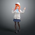 Orange Haired Girl With White Hat And Puppy Making Peace Signs In Blue Skirt