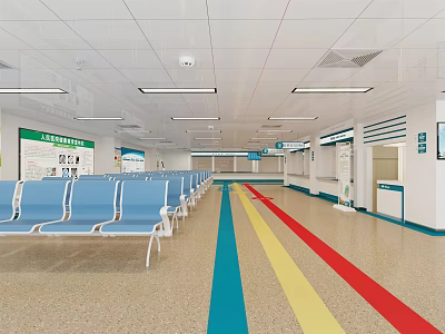 Hospital Waiting Room With Blue Chairs Colorful Floor Stripes White Walls And Info Signs 3d model