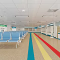Hospital Waiting Room With Blue Chairs Colorful Floor Stripes White Walls And Info Signs