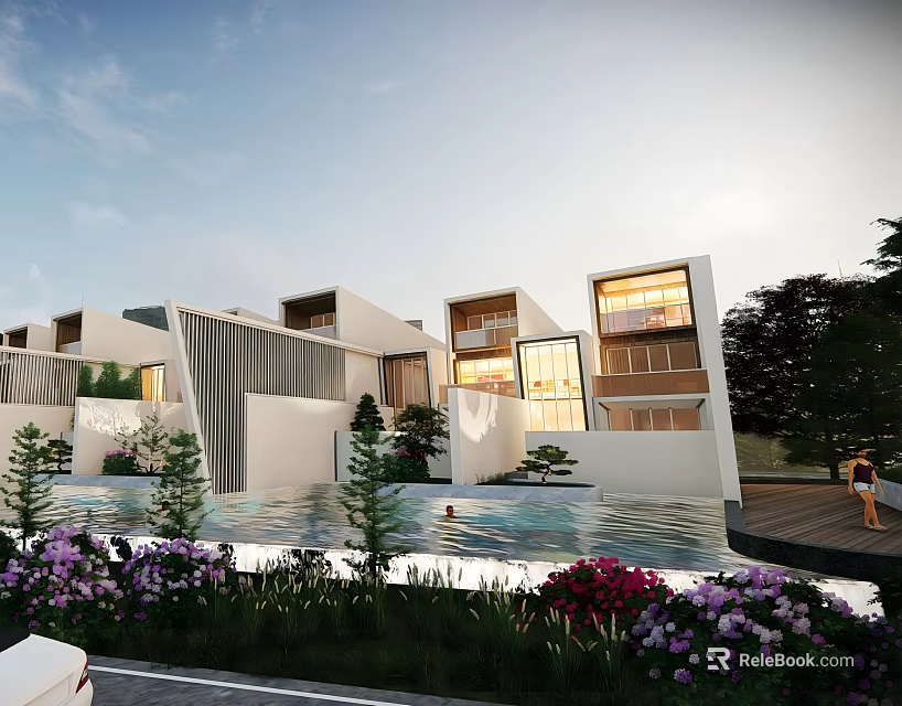 Luxury Modern Single Family Villa With Swimming Pool Landscaped Garden And Large Windows 3d model 
