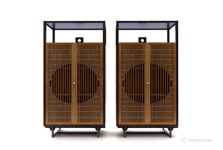 Chinese Style Decorative Cabinets With Wooden Lattice Doors Black Frames Glass Tops And Legs 3d model 