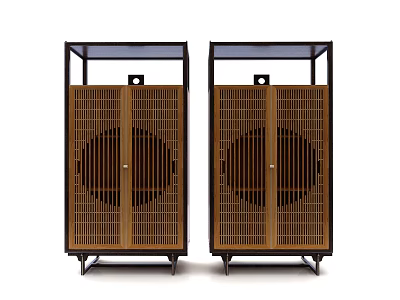 Chinese Style Decorative Cabinets With Wooden Lattice Doors Black Frames Glass Tops And Legs 3d model