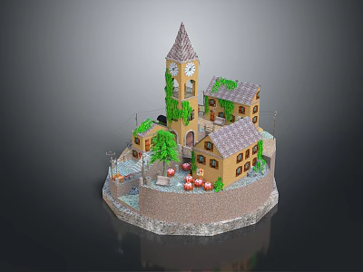 Quaint Clock Tower And Ivy Covered Cottages With Greenery Red Ornaments On Circular Stone Base 3d model