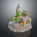 Quaint Clock Tower And Ivy Covered Cottages With Greenery Red Ornaments On Circular Stone Base