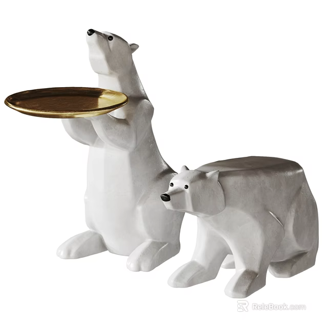 White Polar Bear Decorative Ornament Set with Standing Figure Holding Gold Tray and Sitting Companion 3d model 