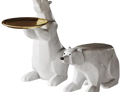 White Polar Bear Decorative Ornament Set with Standing Figure Holding Gold Tray and Sitting Companion 3d model