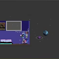 Cartoon Room Scene with Blue Walls Skylight Posters String Lights and Planets