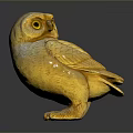 Yellow Wooden Owl Sculpture With Carved Feathers On Dark Background And Reflection