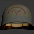 Vintage USN Military Helmet With Red Logo And Orange Strap Detail
