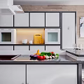 Modern Kitchen Interior Design With Island Orange Chairs Large Windows And Marble Flooring