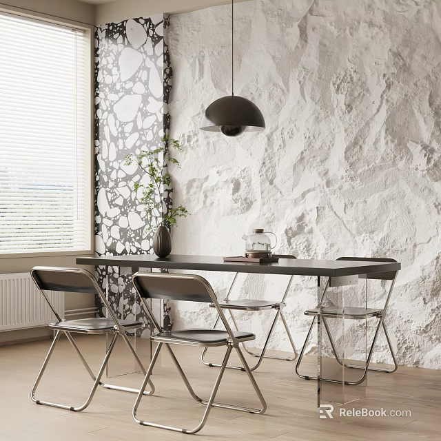 Modern Dining Table Set With Metal Frame Chairs Textured Wall And Pendant Light 3d model 