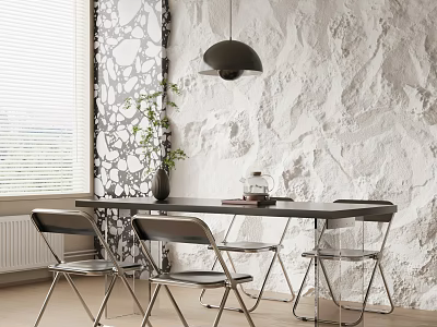 Modern Dining Table Set With Metal Frame Chairs Textured Wall And Pendant Light 3d model
