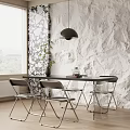 Modern Dining Table Set With Metal Frame Chairs Textured Wall And Pendant Light