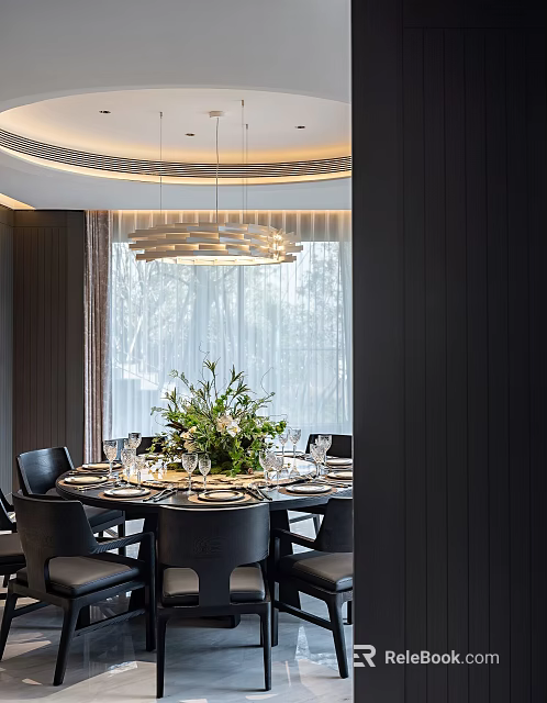 Modern Restaurant Dining Space With Round Table Black Chairs Flower Centerpiece Chandelier And Window View 3d model 