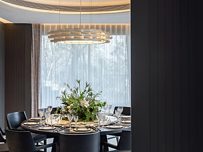 Modern Restaurant Dining Space With Round Table Black Chairs Flower Centerpiece Chandelier And Window View 3d model