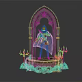 Hooded Cloaked Dark Fantasy Character Standing On Gothic Arch Pedestal With Ornate Candelabras