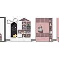 Cute Kids Room Wardrobe With Arched Windows Pink Finish Storage Shelves Hanging Space And Drawers