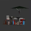 Outdoor Food Stall Structure With Green Umbrella Red Refrigerator Wooden Table And Blue Gas Cylinder