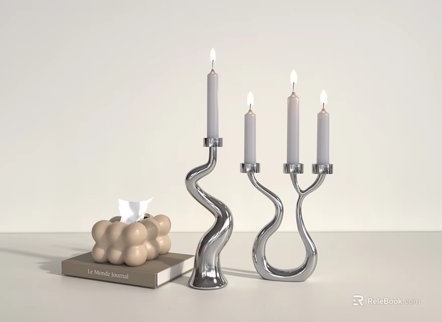 Modern Silver Curved Candle Holders With Lit Candles And Decorative Accessories 3d model 