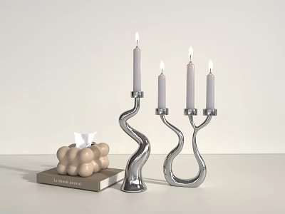 Modern Silver Curved Candle Holders With Lit Candles And Decorative Accessories 3d model