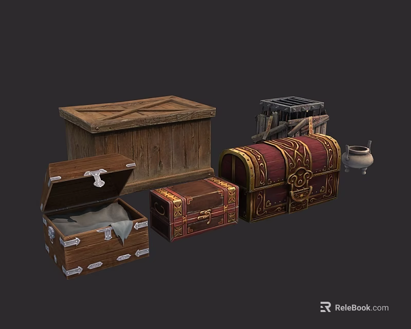 Wooden Chests In Various Sizes With Decorative Designs And Open Trunk 3d model 
