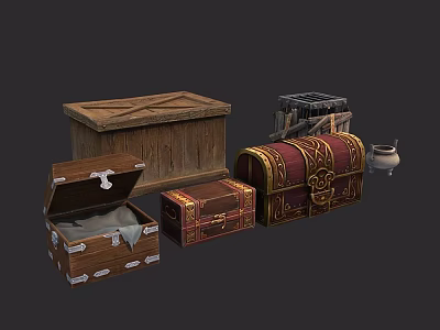 Wooden Chests In Various Sizes With Decorative Designs And Open Trunk 3d model