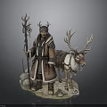 Shaman Figure With Reindeer Statue Fur Clothing Antler Headdress Trident Staff Saddle And Snow Base