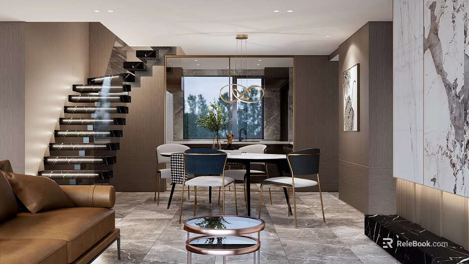 Modern Living Dining Room Interior With Chandelier Dining Table Chairs Sofa And Staircase 3d model 
