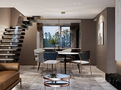 Modern Living Dining Room Interior With Chandelier Dining Table Chairs Sofa And Staircase 3d model