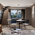 Modern Living Dining Room Interior With Chandelier Dining Table Chairs Sofa And Staircase