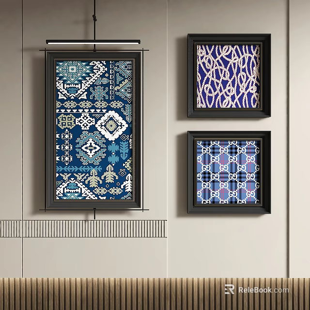 Three Abstract Paintings with Blue Geometric Patterns in Black Frames Hanging on Wall 3d model