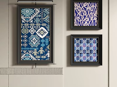 Three Abstract Paintings with Blue Geometric Patterns in Black Frames Hanging on Wall 3d model