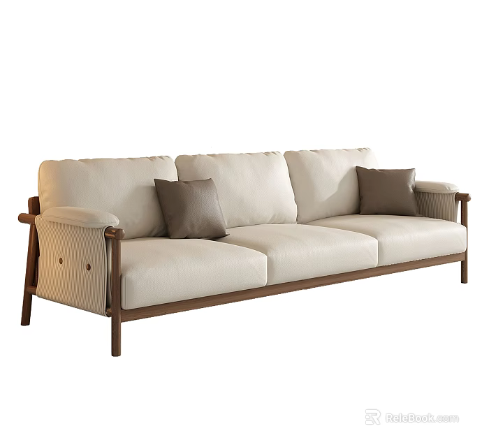 Modern Three Seater Sofa With Cream Fabric Upholstery Wooden Frame And Brown Cushions 3d model 