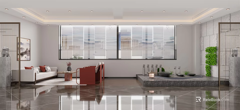 Modern Reception Area Interior Design With Stylish Desk Waiting Sofa And Window Decor 3d model