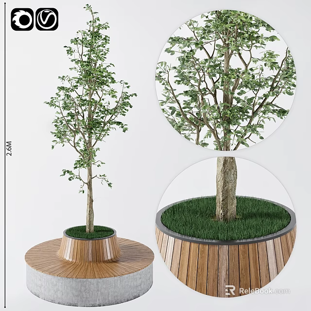 Ground Design With Green Grass Tree And Circular Wooden Planter Base 3d model 