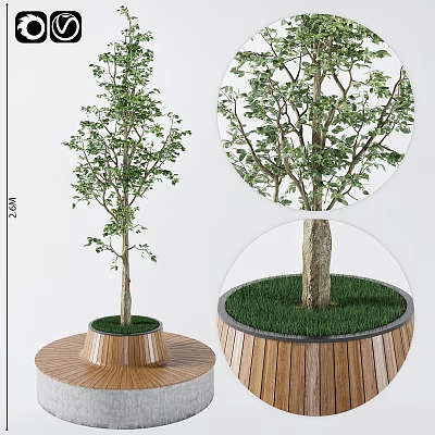 Ground Design With Green Grass Tree And Circular Wooden Planter Base 3d model