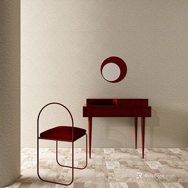 Elegant Red Dressing Table With Matching Chair And Round Mirror On Beige Wall 3d model