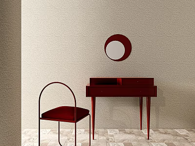 Elegant Red Dressing Table With Matching Chair And Round Mirror On Beige Wall 3d model