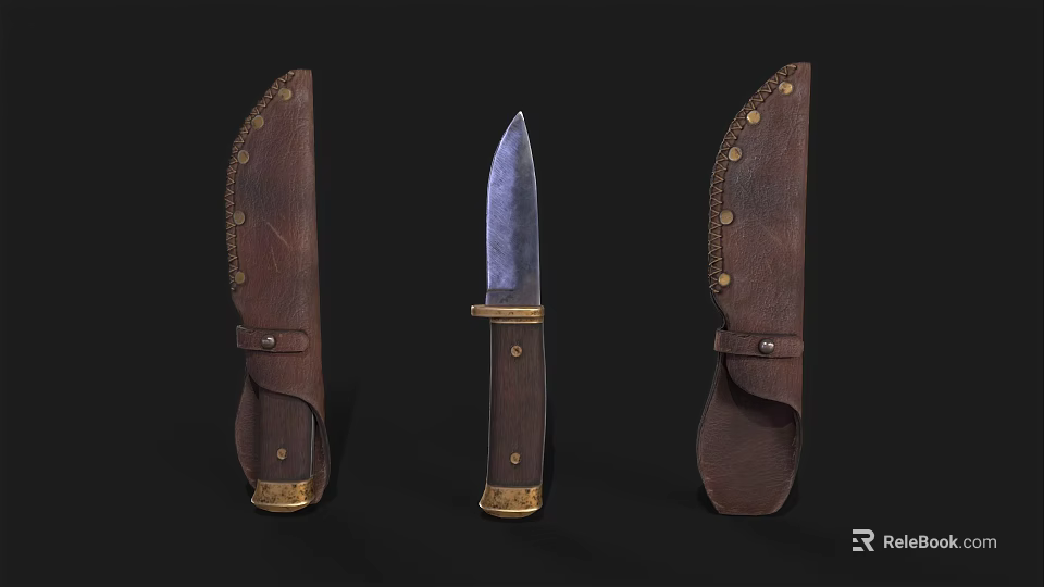 Vintage Tactical Knife with Wooden Handle Metal Blade and Brown Leather Sheath Featuring Metal Rivets 3d model 