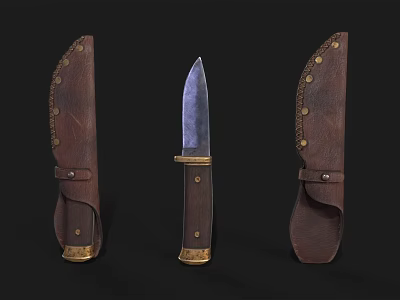 Vintage Tactical Knife with Wooden Handle Metal Blade and Brown Leather Sheath Featuring Metal Rivets 3d model