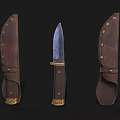 Vintage Tactical Knife with Wooden Handle Metal Blade and Brown Leather Sheath Featuring Metal Rivets