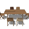 Modern Natural Wood Dining Table Set With Six Simple Design Chairs 3d model
