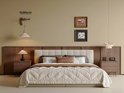 Cozy Double Bed with Wooden Headboard Nightstands Table Lamps and Decorative Paintings 3d model