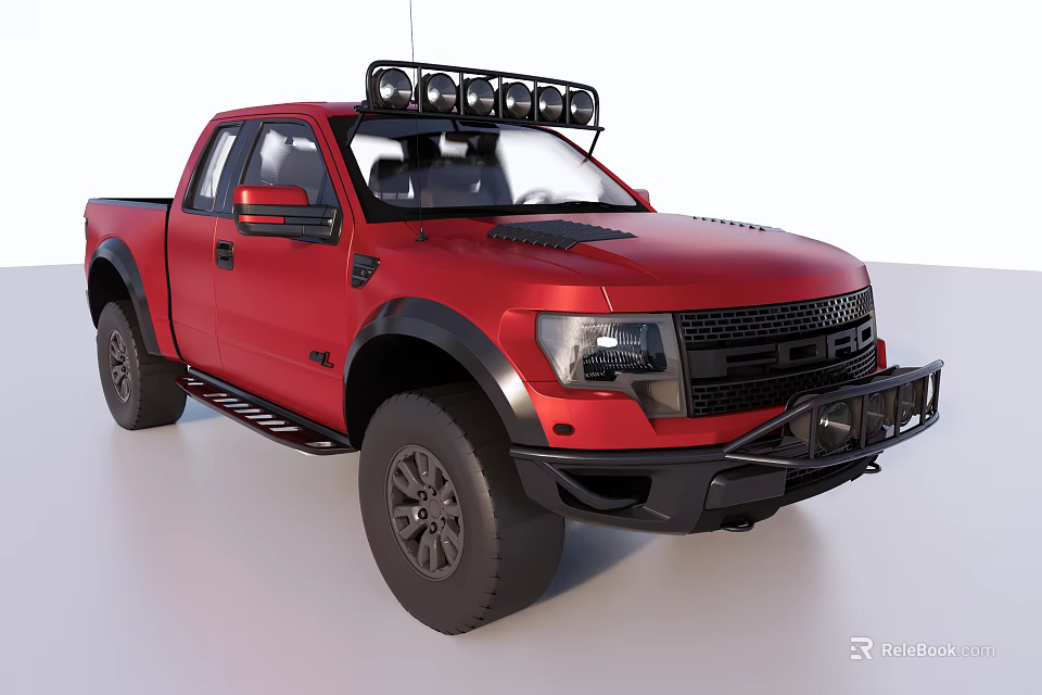 Red Off Road Pickup Truck With Roof Rack LED Lights Front Bumper And Fender Flares 3d model 