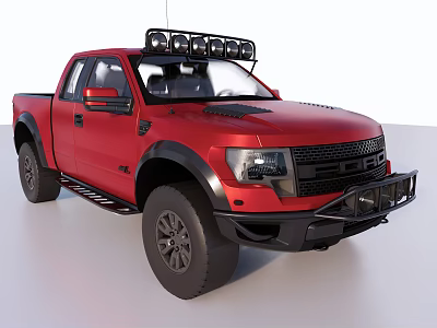 Red Off Road Pickup Truck With Roof Rack LED Lights Front Bumper And Fender Flares 3d model
