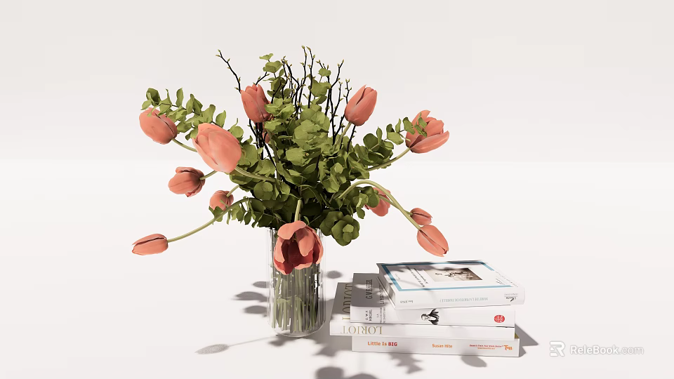 Pink Tulips And Green Leaves Flower Arrangement In Glass Vase With Stack Of Books 3d model 